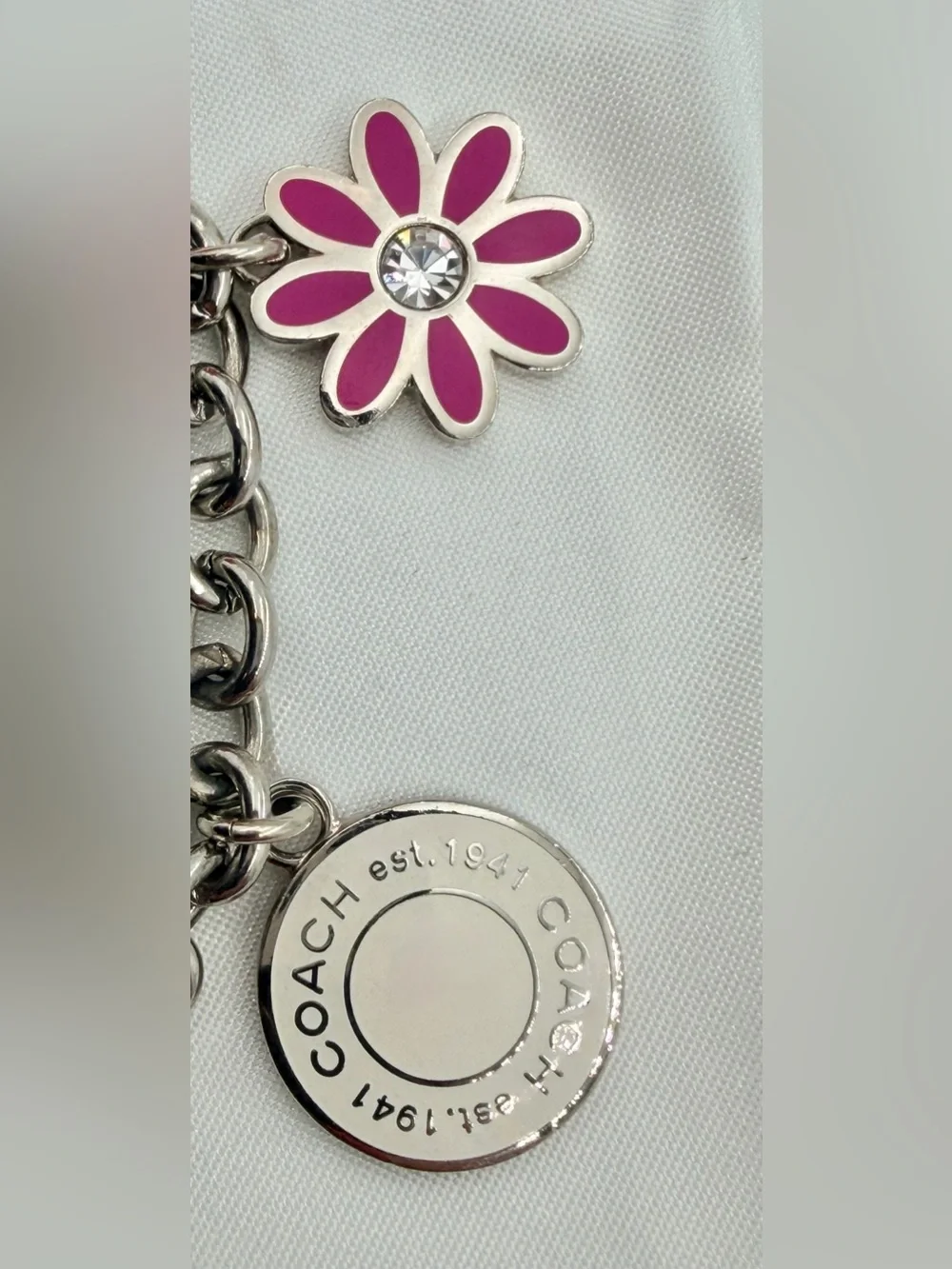 Vintage Coach Pink Daisy Swarovski Crystal Charm Dog Leash Clasp Bracelet/BagFob